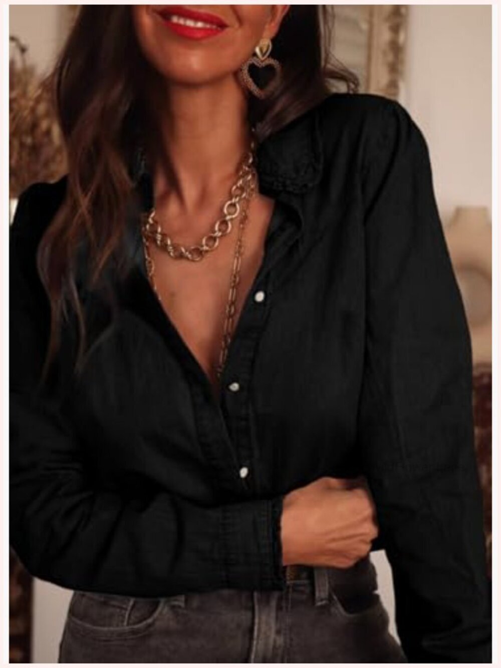 Ruffle V Neck Button Down Denim Shirt Casual Long Sleeve Trendy Chambray Top View 2